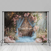 Aperturee Aperturee Dusty Blue Tulle Wedding Arch Photography Backdrop Romantic Pink Roses and Greenery Indoor Night Ceremony Prop